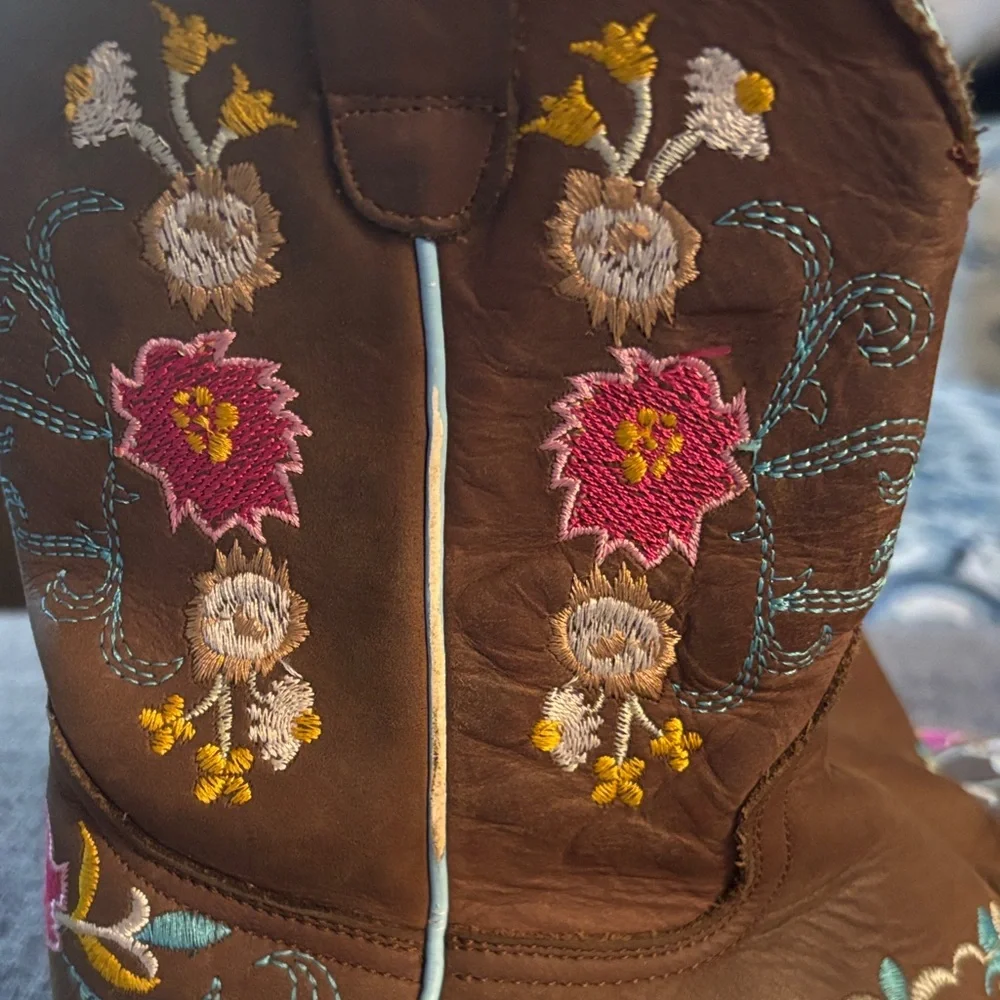 Red Kids Brown Embroidered Western Boots